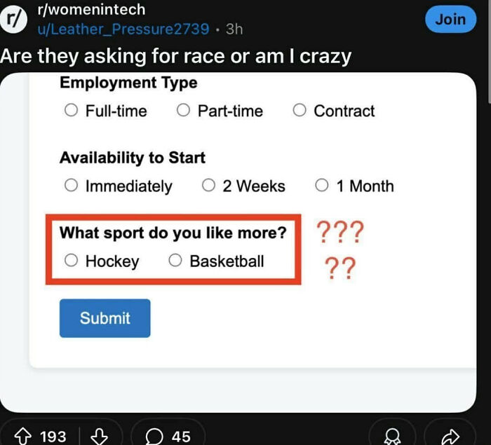 A LinkedIn meme showing a bizarre job application question, asking about preferred sports, unrelated to work-life balance.