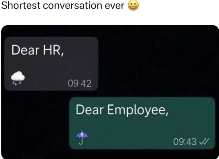 A LinkedIn meme showing a text exchange between HR and an employee, a humorous take on work-life balance.