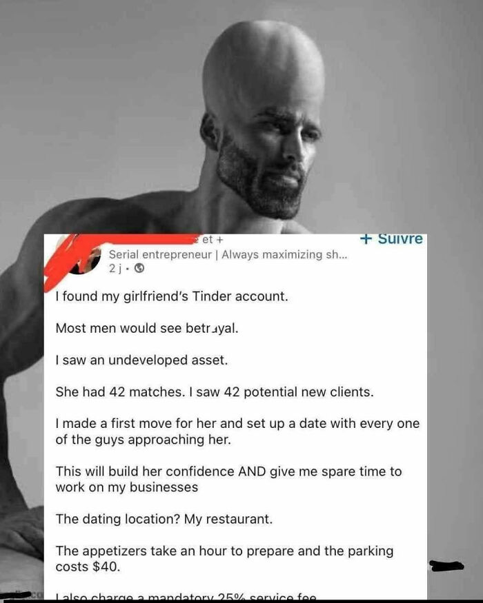A LinkedIn meme with a Chad figure, showing a serial entrepreneur finding new clients on his girlfriend's Tinder for work-life balance.