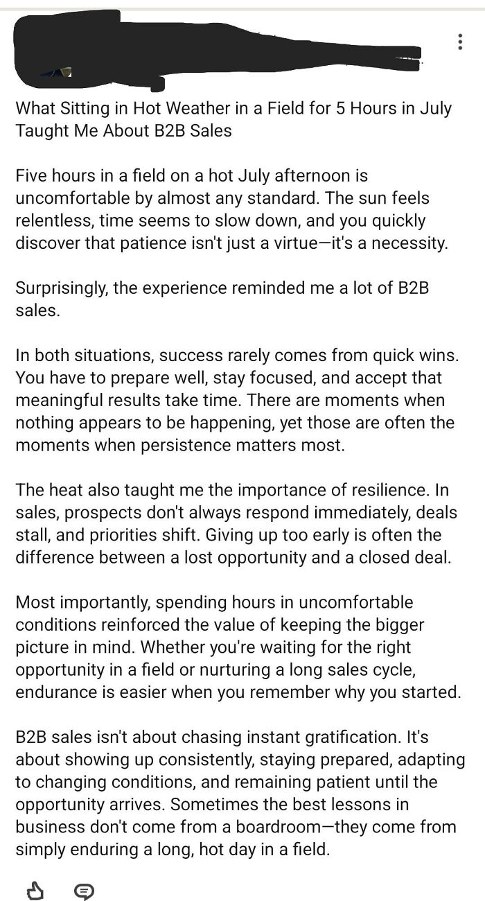 A long article on LinkedIn about B2B sales, highlighting resilience and patience in achieving work-life balance.