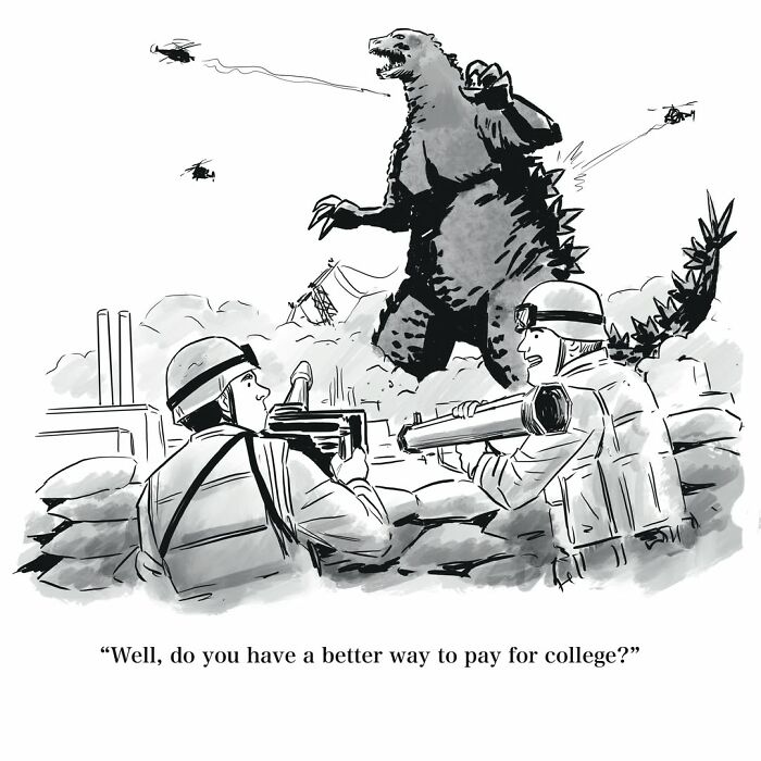 Mannequin on the Moon comic: Two soldiers fighting Godzilla, discussing college payments.
