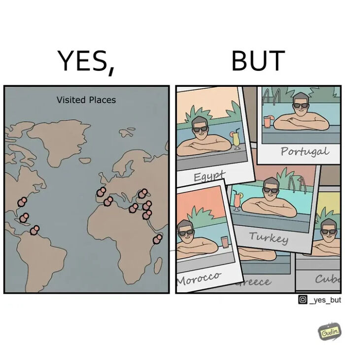 A split comic showing a world map with circled locations (YES) next to a collage of vacation photos of a man in a pool, labeled with countries like Portugal, Egypt, and Turkey (BUT). Yes, But comics.
