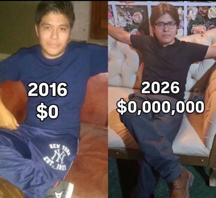 A split image of a man in 2016 with $0 and in 2026 with $1,000,000, illustrating a transformation related to work-life balance.