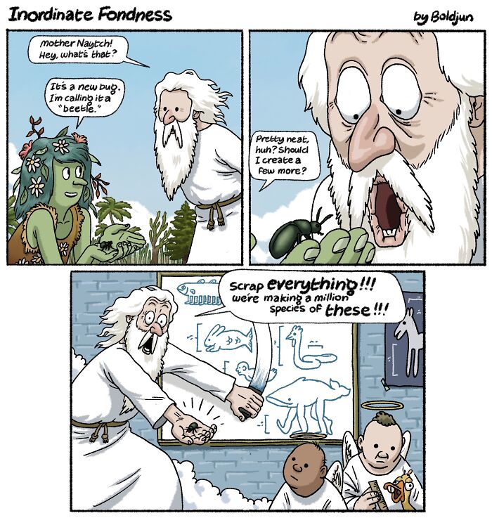 A dark humor comic where God, pleased with a new beetle species, decides to create a million more, surprising Mother Nature.
