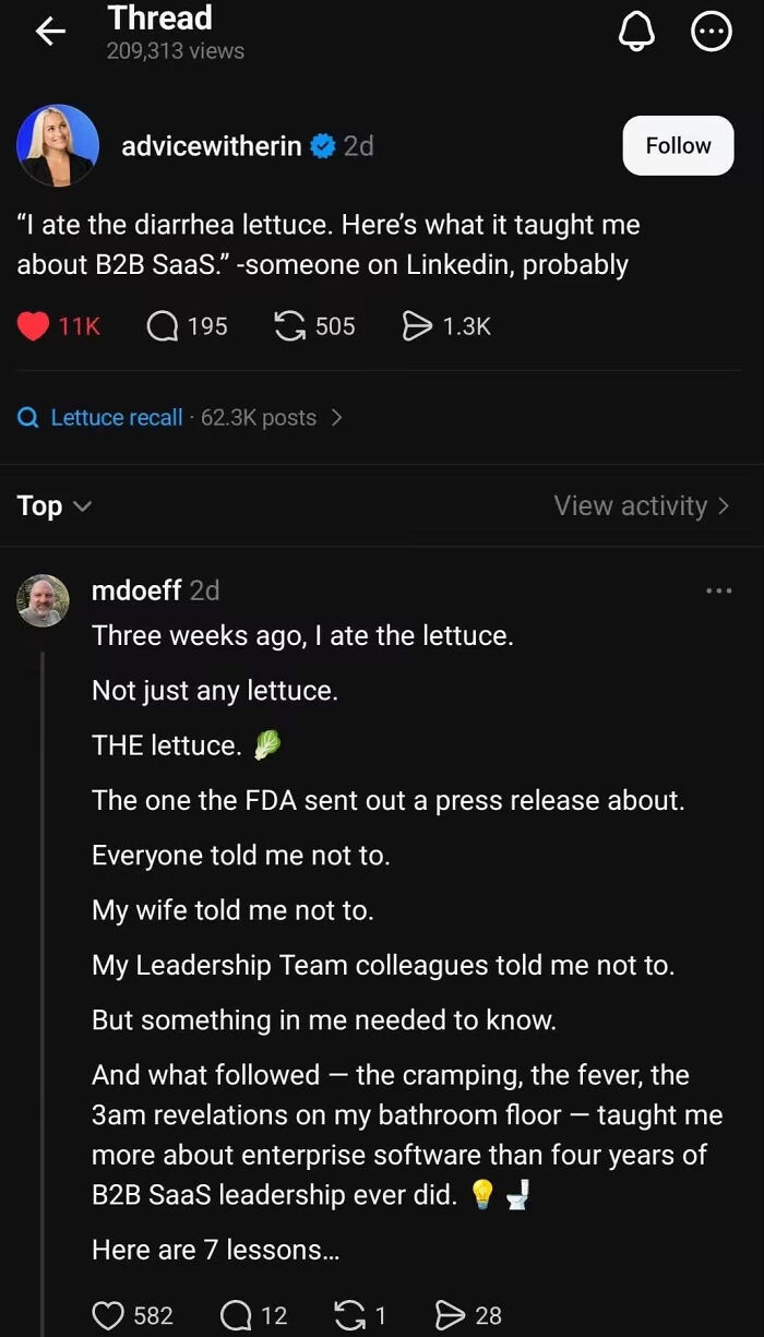 A LinkedIn thread discussing a humorous yet insightful meme about B2B SaaS lessons from a lettuce recall.