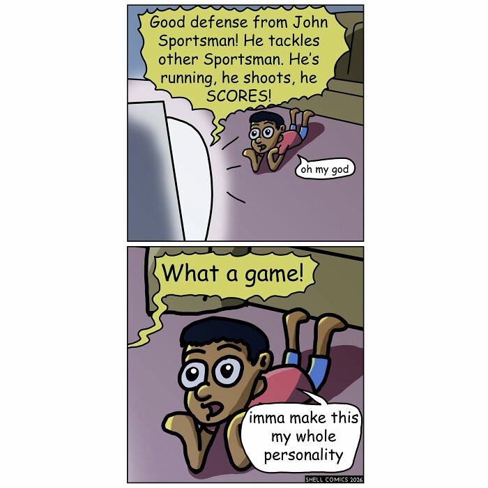 A relatable comic showing a person watching a sports game, exclaiming how they will make it their whole personality.