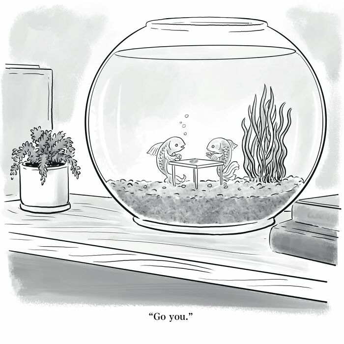Mannequin on the Moon comic: Two goldfish having dinner at a table inside a fishbowl.