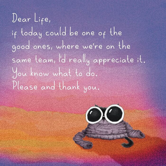 Adorable illustration of a black cat plushie with big eyes, requesting a good day from life, showcasing cat behavior.