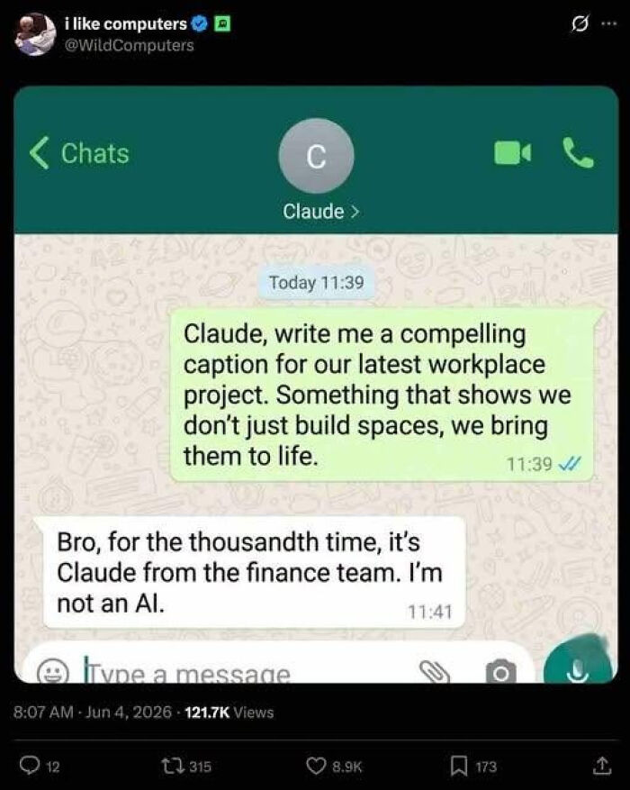 A WhatsApp conversation meme showing a person asking Claude (an AI) for a workplace caption, mistaking finance team member Claude for an AI, humorously touching on work-life balance.