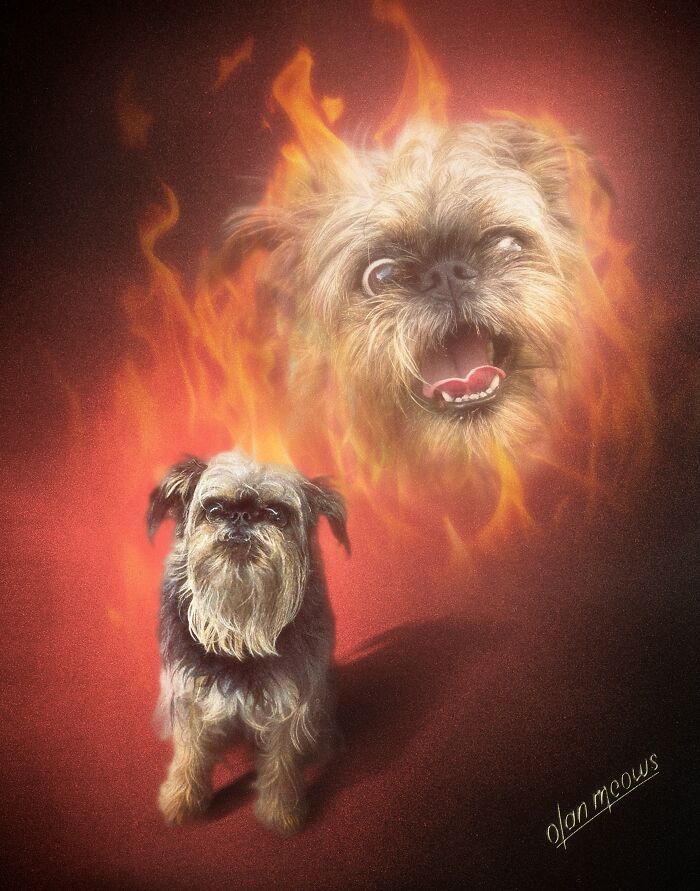 Hilarious 80s portrait of a dog on fire with an intense expression and a smaller version of the dog below.