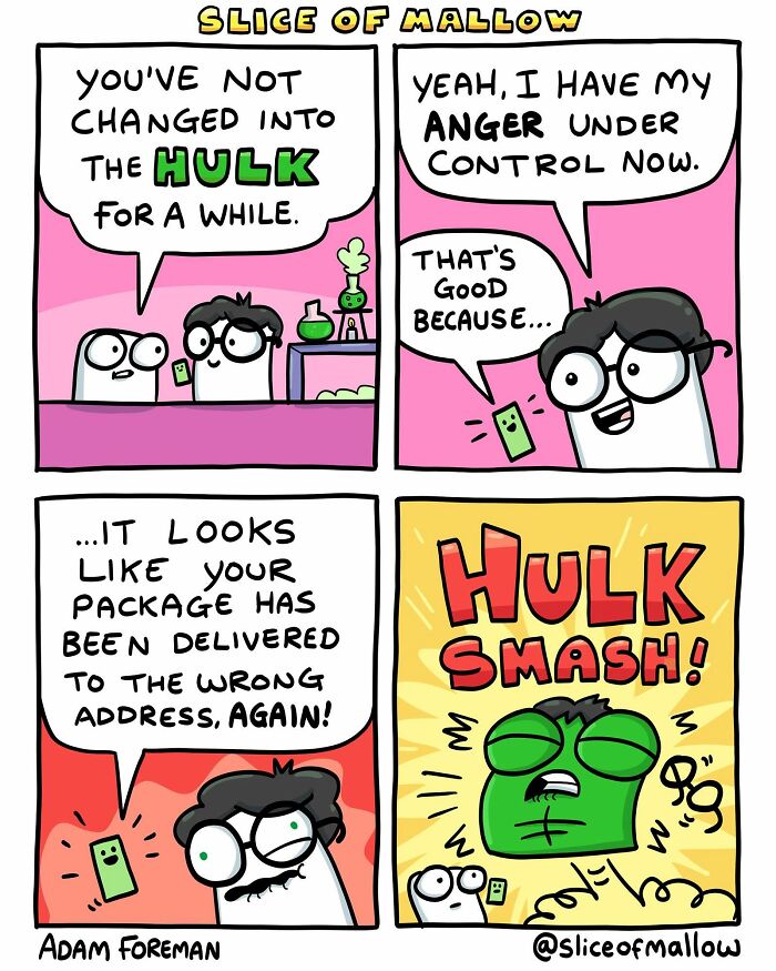 Humorous comics by Adam Foreman featuring a marshmallow character transforming into the Hulk over a package delivery.