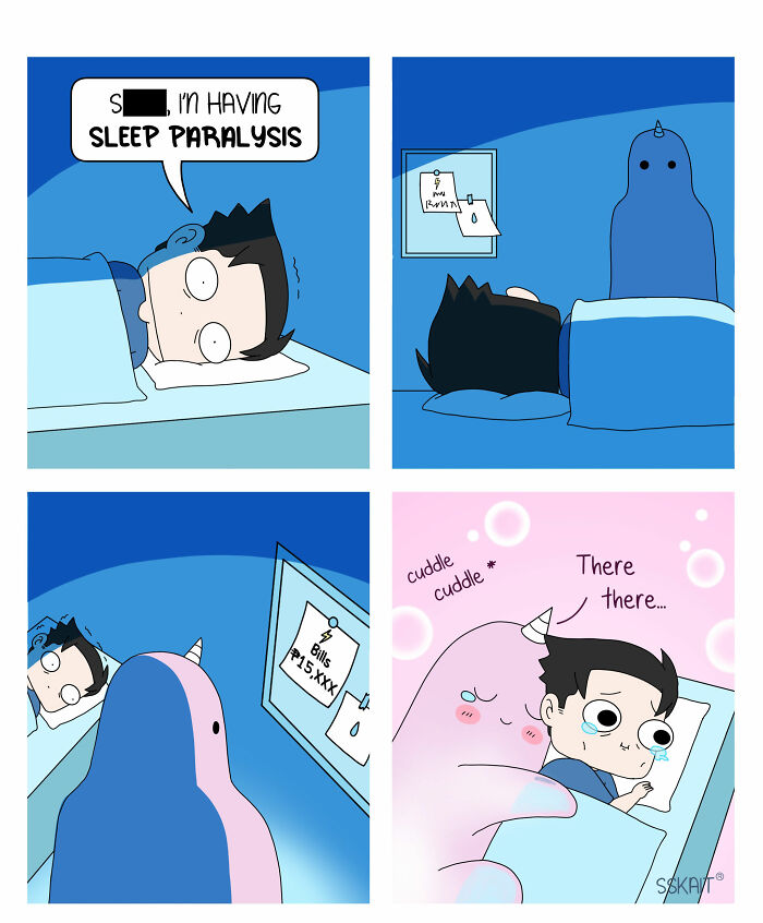 A comic strip illustrating Filipino humor, where a person experiences sleep paralysis, then is comforted by a monster.