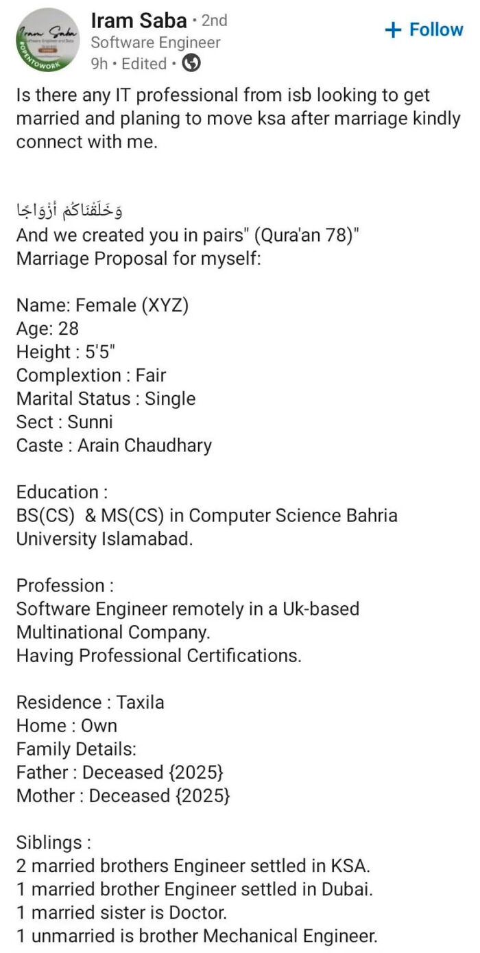 A LinkedIn post with a marriage proposal, highlighting the work-life balance aspect of an IT professional's life.
