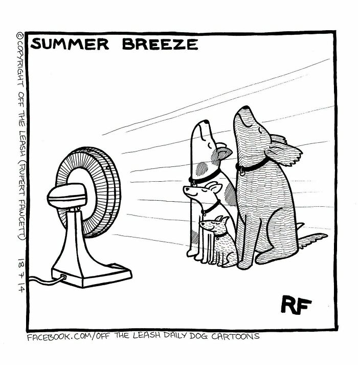 Off The Leash comic: Three dogs of different sizes enjoy a summer breeze from a fan, capturing life with dogs.