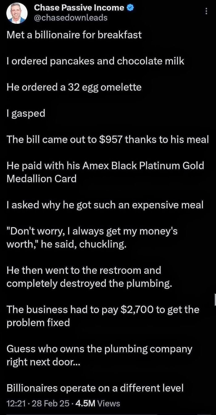 A LinkedIn post sharing a story about a billionaire's expensive meal and a clever plumbing scheme, a work-life balance meme.