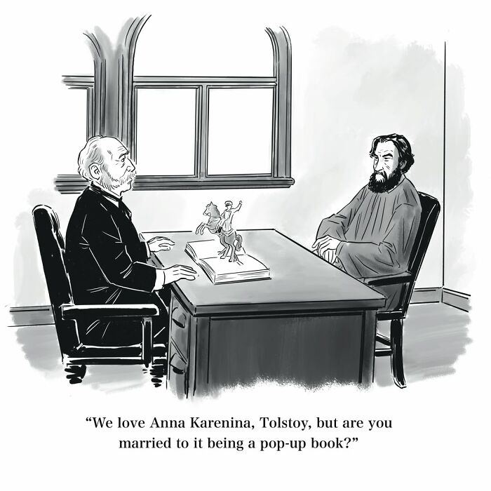 Mannequin on the Moon comic: Leo Tolstoy presenting a pop-up book version of Anna Karenina to a publisher.