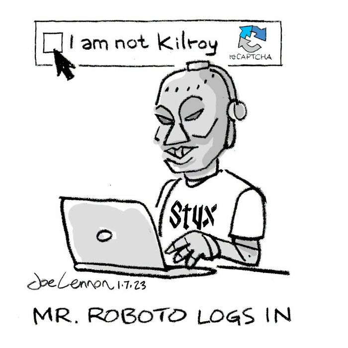 Joe Lennon comic showing a robot attempting to log in, highlighting funny awkward moments in life.