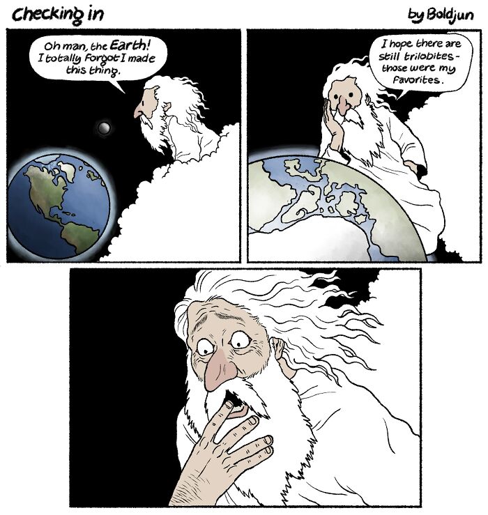 A fantasy comic with God forgetting about Earth and realizing trilobites are gone, showing dark humor.