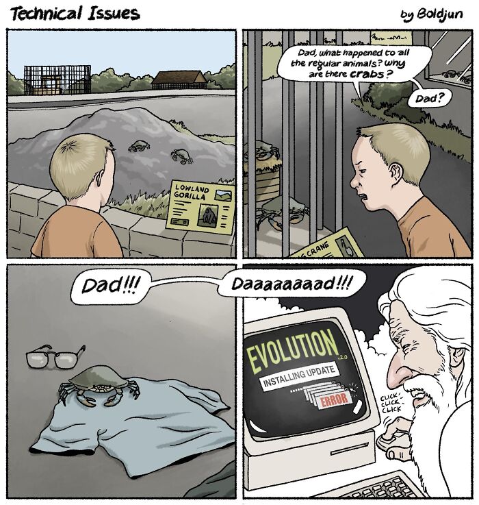 A fantasy comic showing a boy at a zoo with crabs instead of gorillas, and God receiving an 'Evolution update error'.