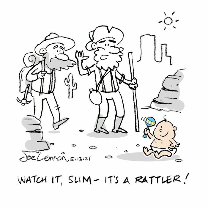 Joe Lennon comic depicting two explorers and a baby holding a rattler, an awkward moment in life.