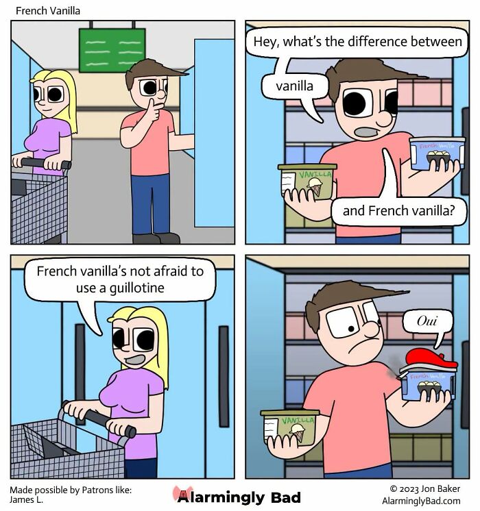 Humorous Jon Baker comic with an unpredictable twist comparing vanilla and French vanilla.