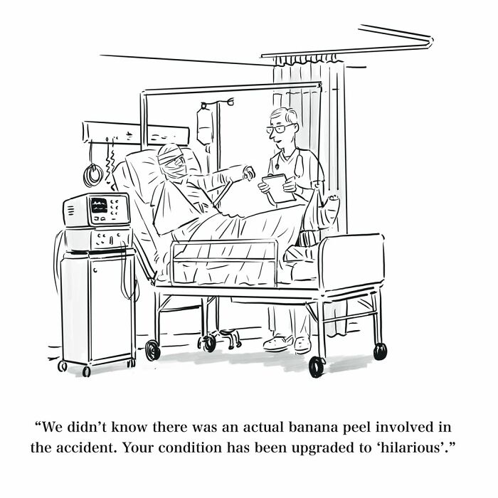 Mannequin on the Moon comic: A patient in a hospital bed with a doctor, discussing a banana peel incident.