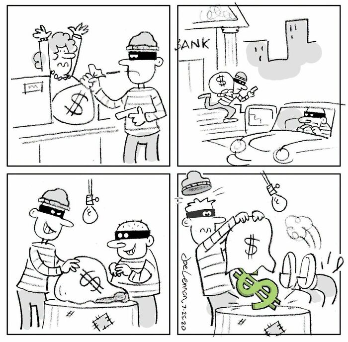 A four-panel Joe Lennon comic strip about bank robbery with a twist ending, showcasing life's tiny awkward moments.