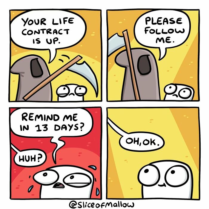 Humorous comics of a marshmallow asked by D***h to follow, then asking for a 13-day reminder.