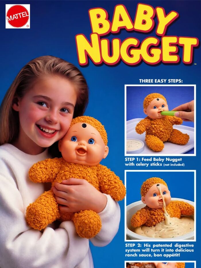 Bizarre figurine of a girl holding a Baby Nugget doll, a dark comedy collectible.