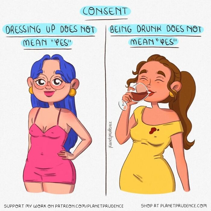 An artist illustrates what being a woman is like, showing consent for women.