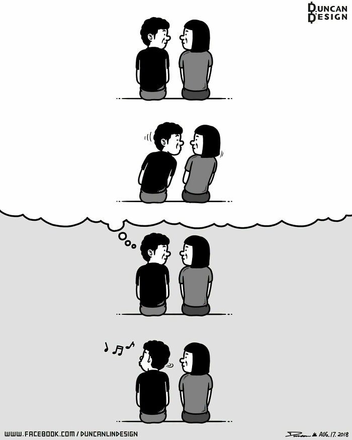 A relatable comic about everyday life revelations, depicting a man thinking about kissing a woman and then whistling instead.