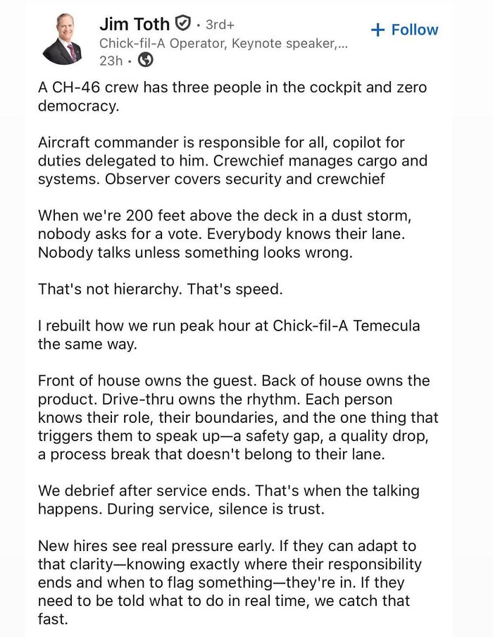 A LinkedIn post by Jim Toth detailing Chick-fil-A management, emphasizing clarity and responsibility over hierarchy.
