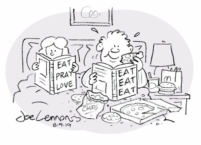A Joe Lennon comic illustrating a couple reading in bed, one with 'Eat Pray Love' and the other with 'Eat Eat Eat', humorously depicting life's tiny awkward moments.