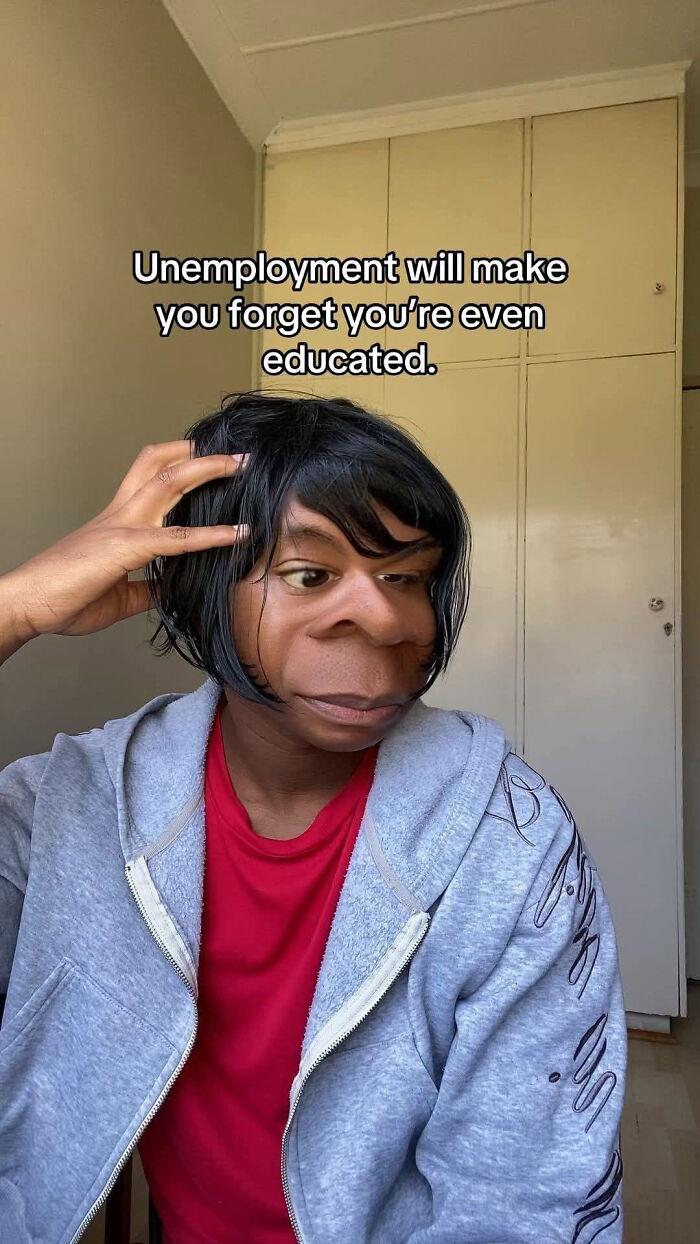 A person with exaggerated features scratches their head in a relatable LinkedIn meme about work-life balance and unemployment.