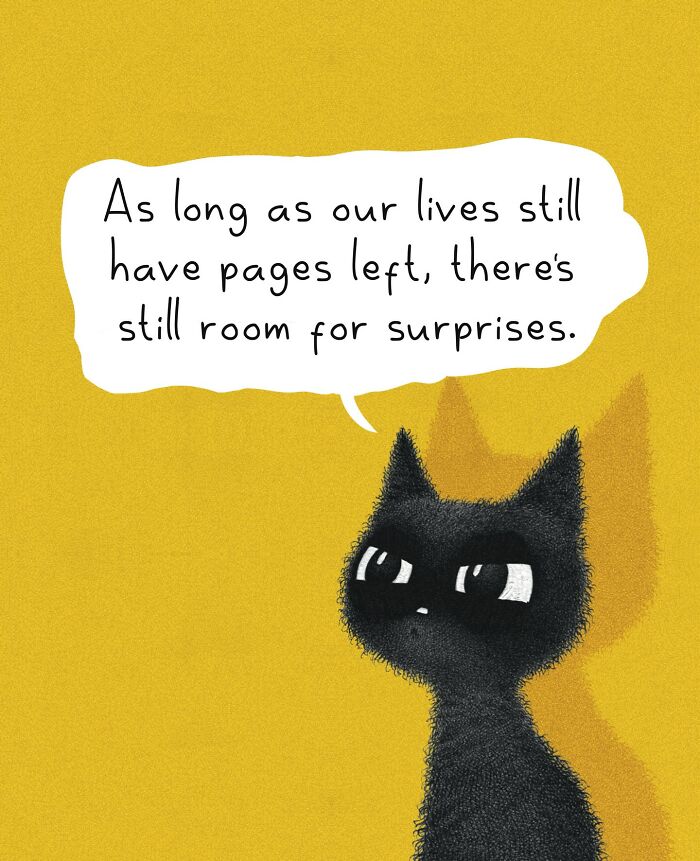 Adorable illustration of a cat on a yellow background, expressing concern about feelings. Everyday cat behavior artwork.
