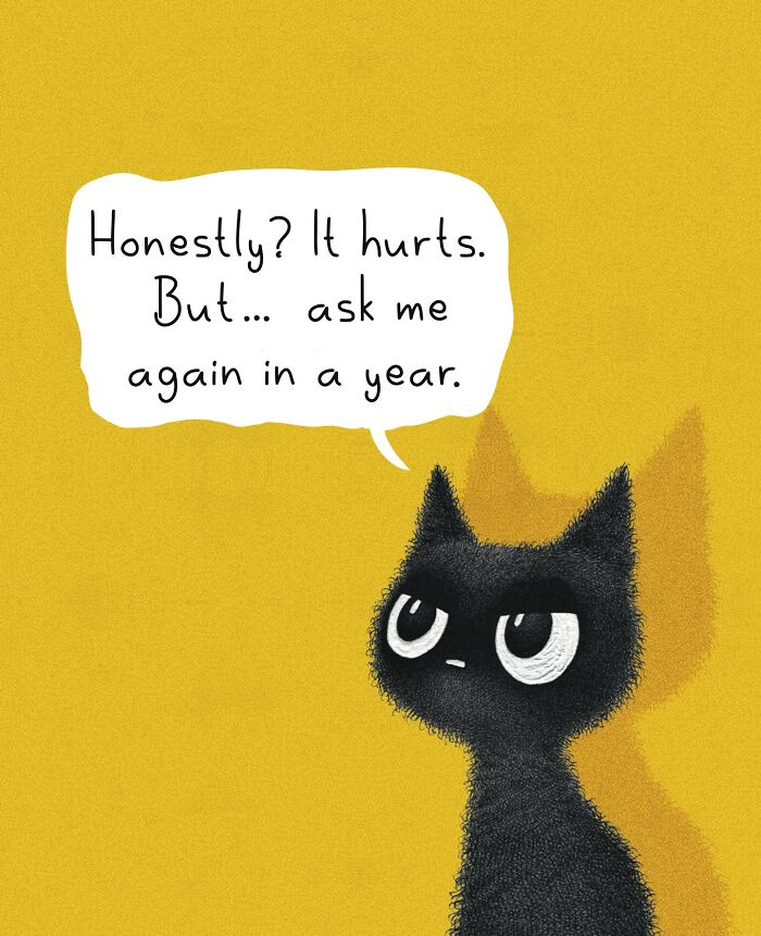 Adorable illustration of a cat on a yellow background, expressing concern about feelings. Everyday cat behavior artwork.