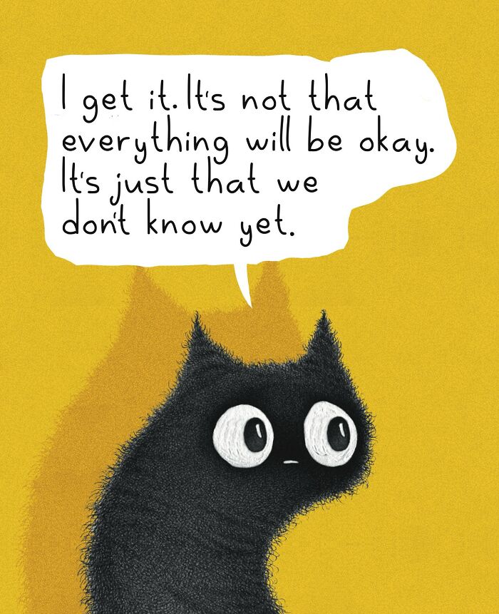 Adorable illustration of a cat on a yellow background, expressing concern about feelings. Everyday cat behavior artwork.