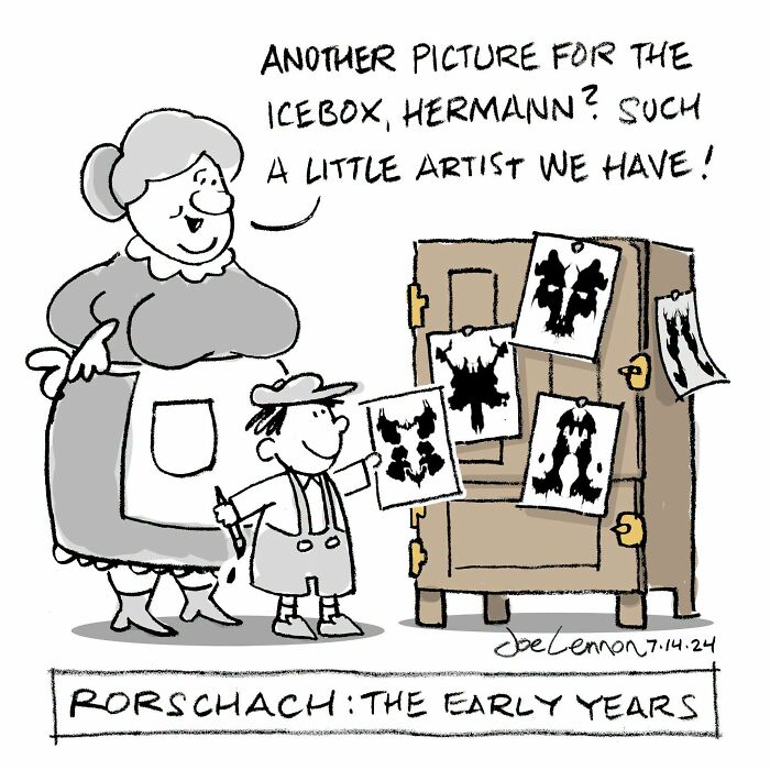 A Joe Lennon comic showing a young Rorschach presenting his inkblot art, capturing life's tiny awkward moments.