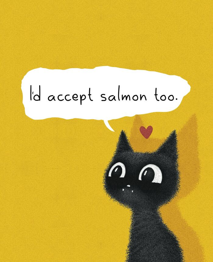 Adorable illustration of a cat on a yellow background, expressing concern about feelings. Everyday cat behavior artwork.