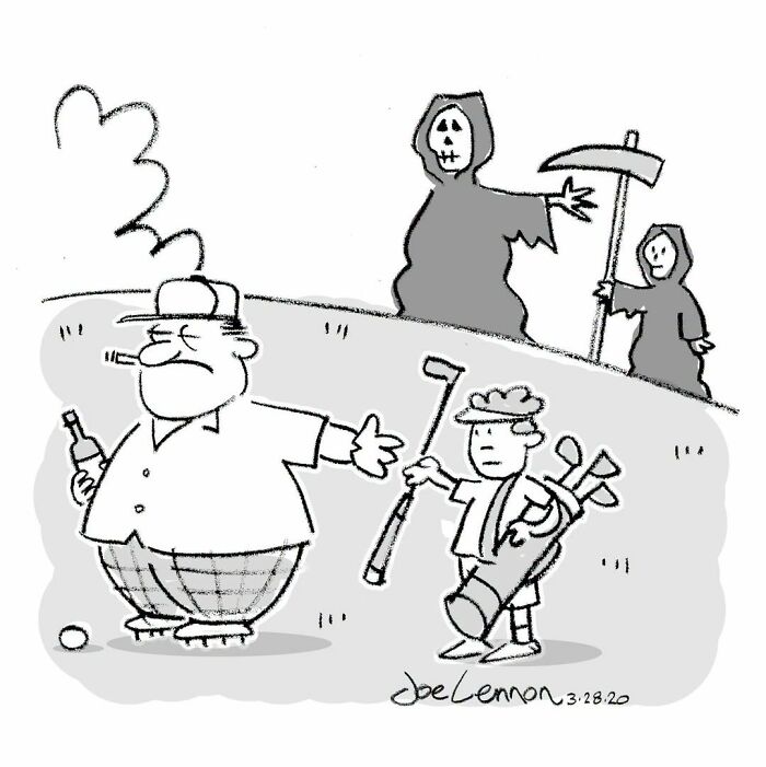 Joe Lennon comic with golfers and the grim reaper, illustrating life's tiny awkward moments that are funny.