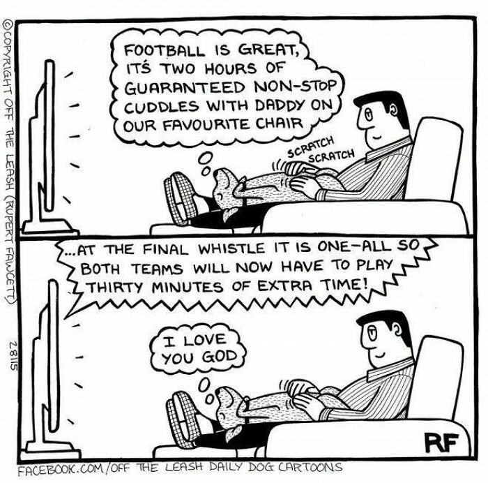 Off The Leash comic: A dog enjoys cuddles during football, happy for extra time, perfectly capturing life with dogs.