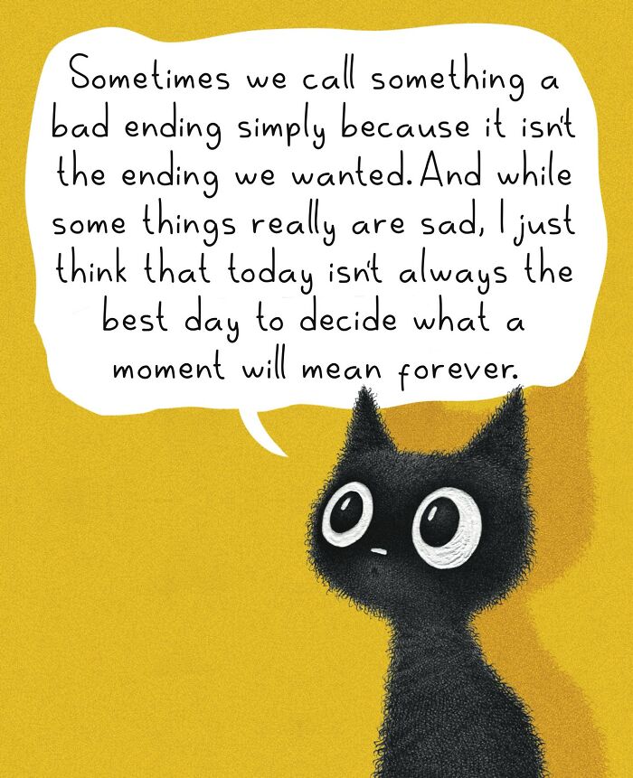 Adorable illustration of a cat on a yellow background, expressing concern about feelings. Everyday cat behavior artwork.