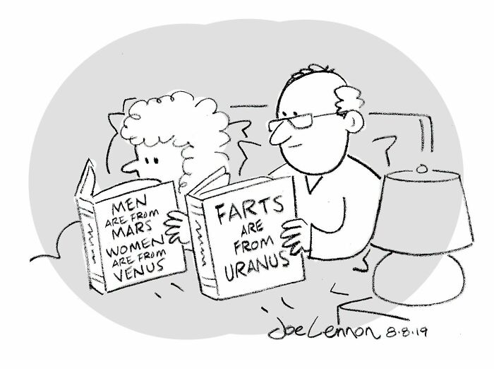 Joe Lennon comic: A couple reading humorous books, proving life's tiny awkward moments are funny.