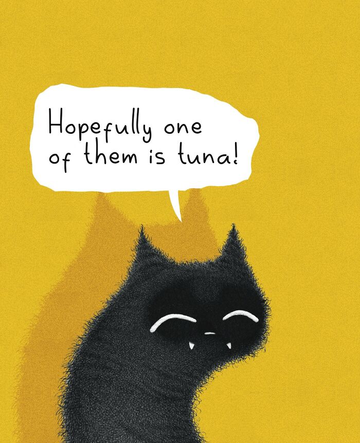 Adorable illustration of a cat on a yellow background, expressing concern about feelings. Everyday cat behavior artwork.