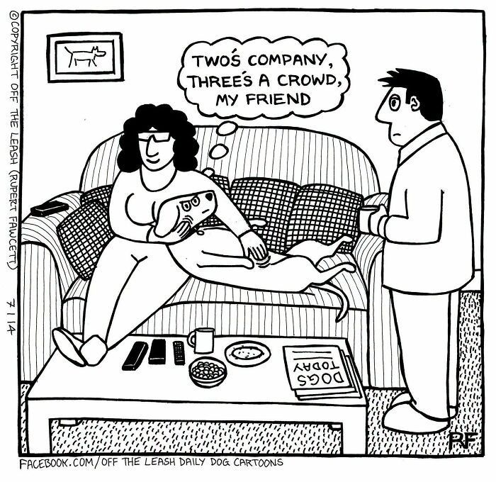 Off The Leash comic: A woman cuddles her dog on a couch, leaving little room for a man, showing life with dogs.