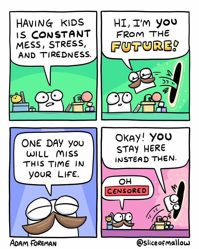 Humorous comics of a marshmallow dealing with kids stress, meeting a future self, and swapping places.