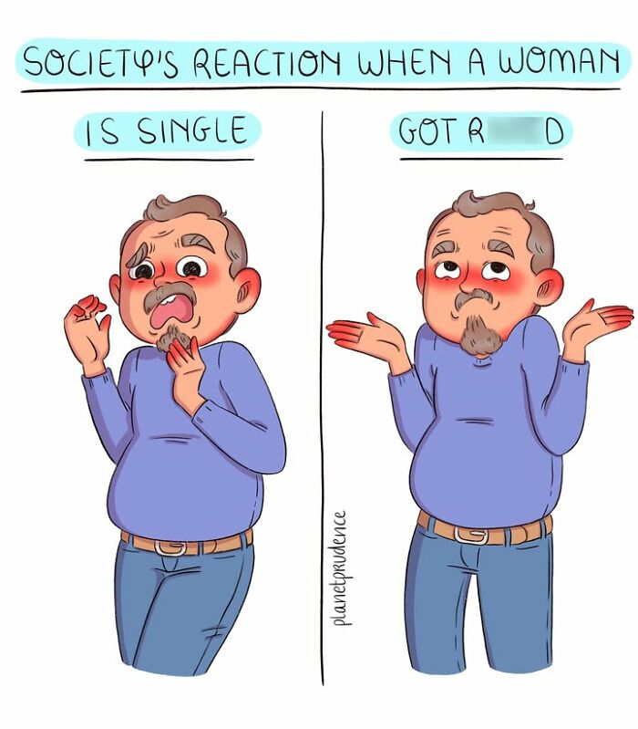 An artist illustrates what being a woman is like, portraying society's reaction to single women.