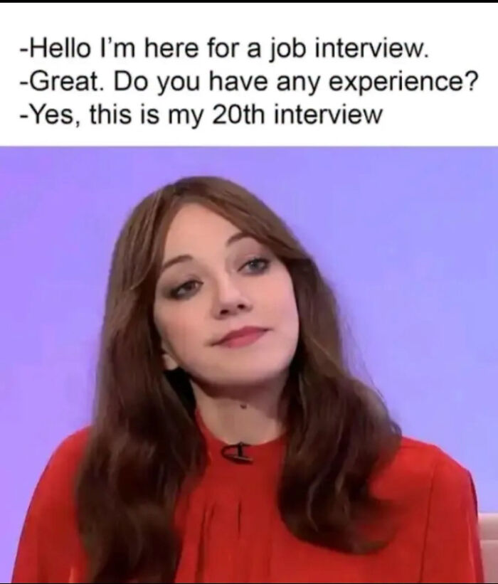 A LinkedIn meme featuring a woman at a job interview, joking about her extensive interview experience and work-life balance.