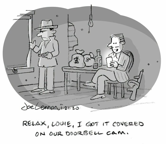Joe Lennon comic: Two criminals with a doorbell cam, proving life's tiny awkward moments are funny.