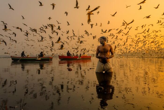 Murat Bakmaz captures the beauty of everyday life, a man in water surrounded by flying birds and boats at sunset.